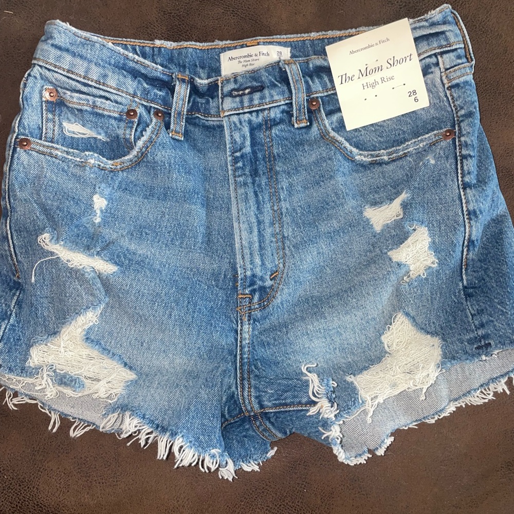 Abercrombie & Fitch Distressed Light Blue High-Rise Mom Jean Shorts